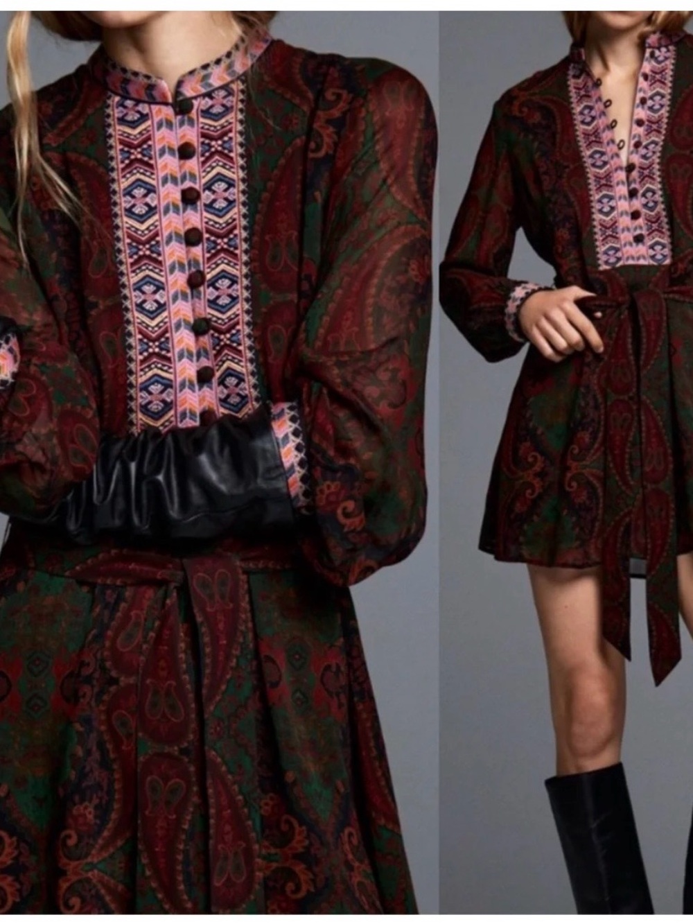 Zara unique Embroidered Paisley Long-Sleeve Mini Dress in Deep Burgundy